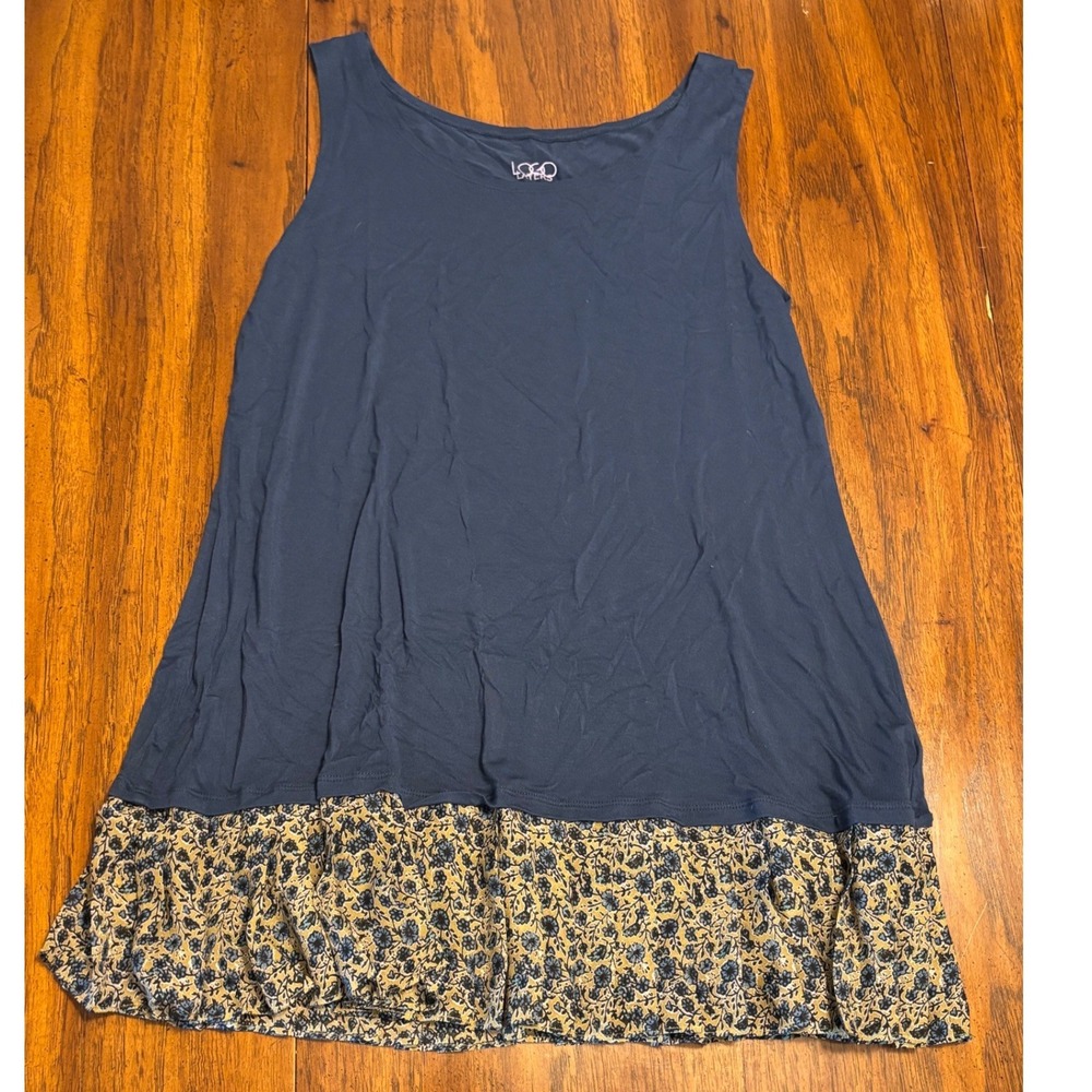 LOGO Layers Lori Goldstein Navy Blue‎ Sleeveless Floral Ruffle Hem Tunic Top L
